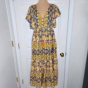Me 2 Magic Anthropologie Ruffle Tier Maxi Dress Blue Yellow Boho Size Medium